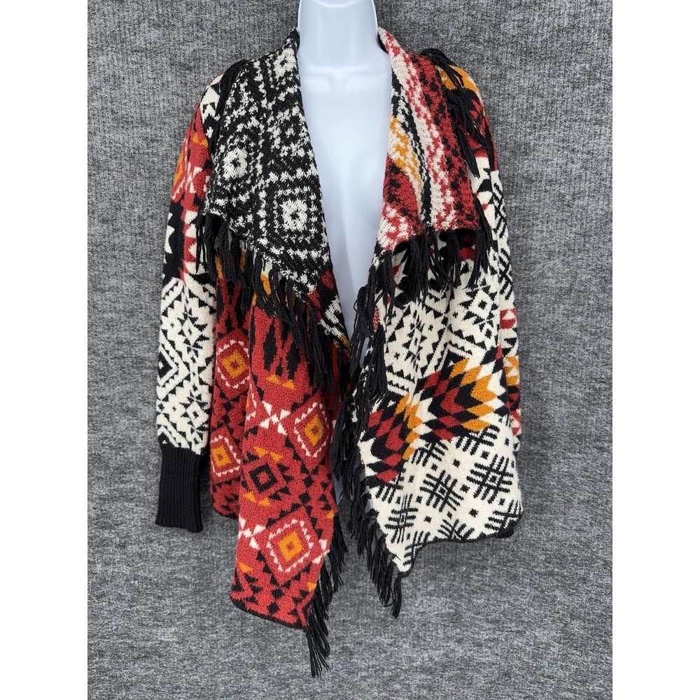 Idyllwind Cardigan Sweater Womens Medium Multicolor Aztec Fringe Open Knit